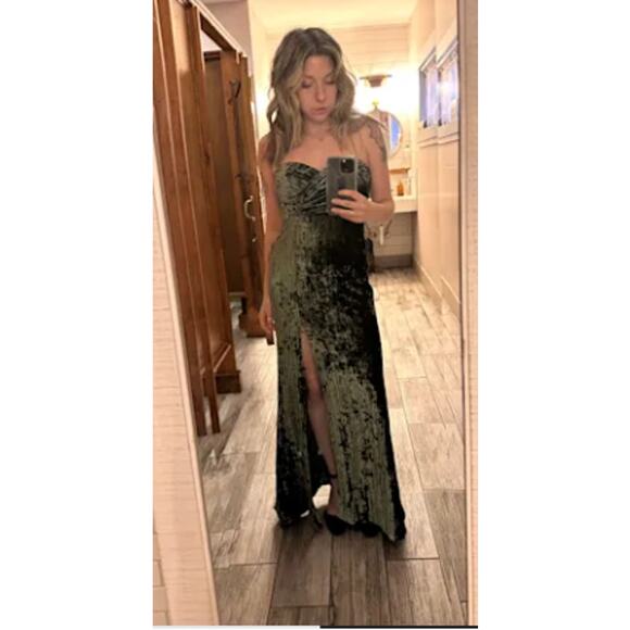 Lulus Olive Velvet Pleated Strapless Classy Sensation Maxi Dress Size S - Picture 12 of 14